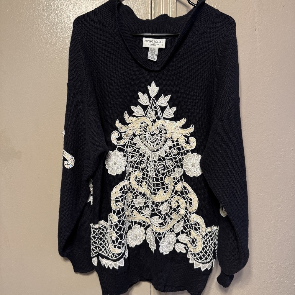 Vintage Bonnie Boerer Womens M Black Sweater‎ Ivory Lace Appliqué 80s Statement